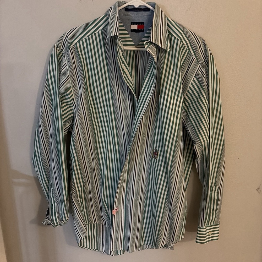 Tommy Hilfiger Men's Striped Cotton Button-Down Shirt White Green‎ Navy Size L